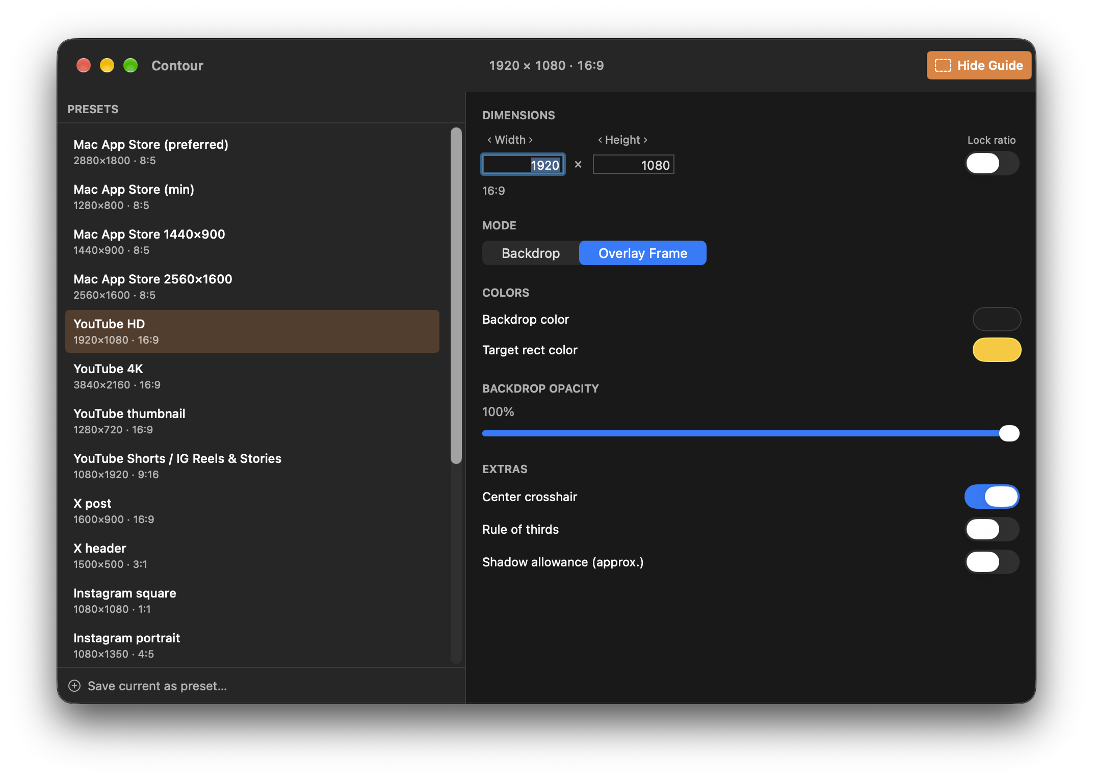 Contour control window with YouTube HD selected, 1920 × 1080 dimensions, Overlay Frame mode and center crosshair enabled