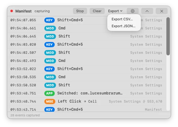 Manifest expanded panel streaming live keystrokes, clicks, scrolls and app switches
