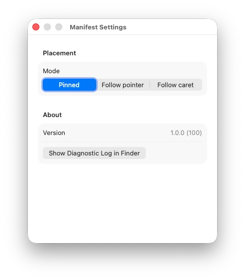 Manifest settings showing placement mode, version and reveal-log button