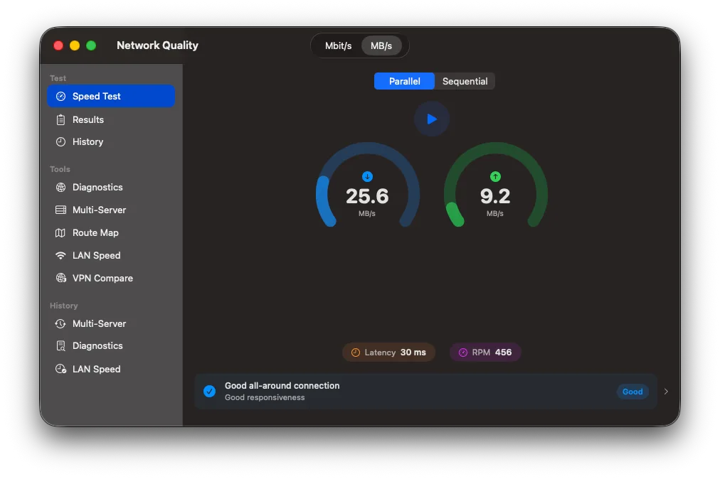 NetworkQuality — speed test result view