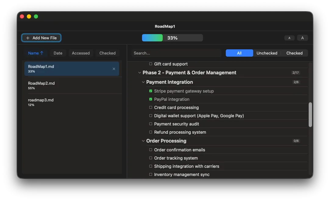 ProjectProgressTracker main window with markdown checklists
