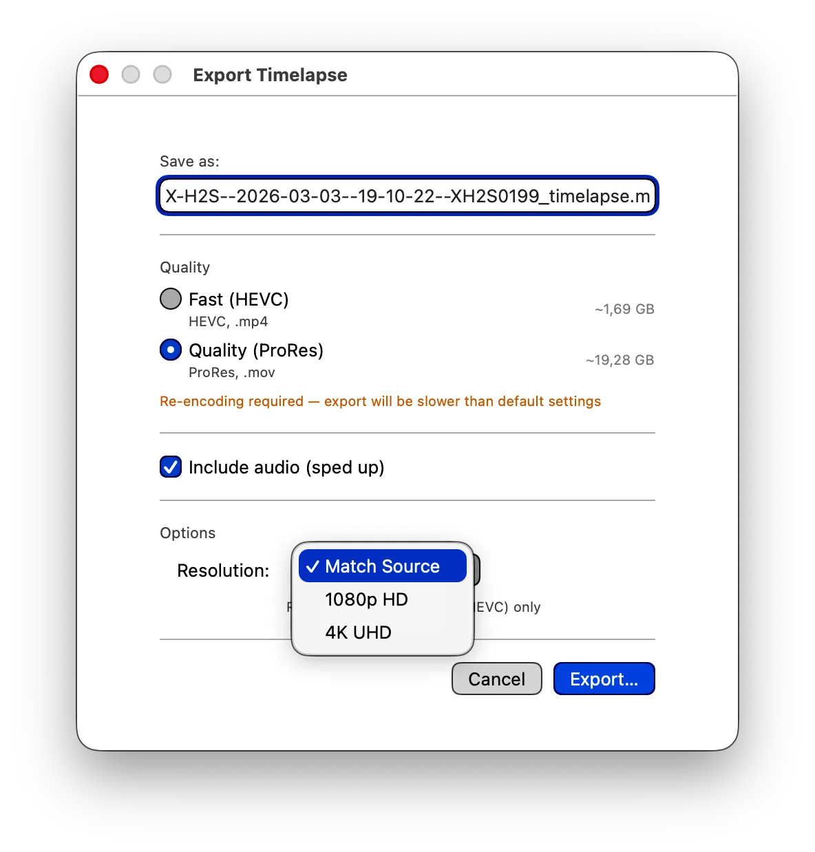 QuickMotion export dialog with resolution and quality options