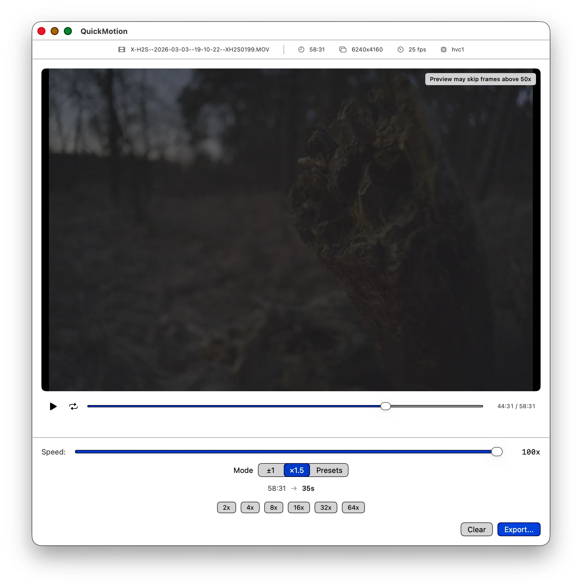 QuickMotion main window with speed slider and preview