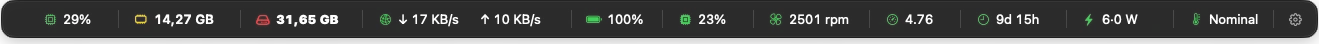 The QuickStatsPanel strip summoned near the cursor, showing live CPU, memory, disk, network, battery, GPU, fan, load, uptime, power and temperature readings