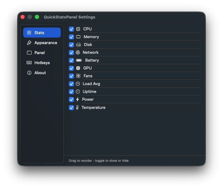 QuickStatsPanel settings showing the eleven stat tiles, each with a toggle, ready to reorder