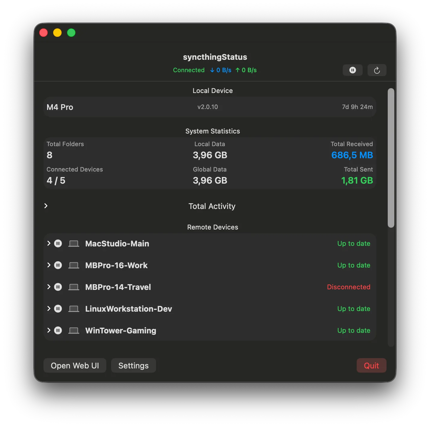 syncthingStatus main window — system statistics, remote devices and folder sync status