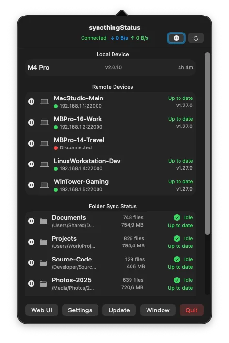 syncthingStatus menu bar popover — device sync status, remote devices and folder sync at a glance
