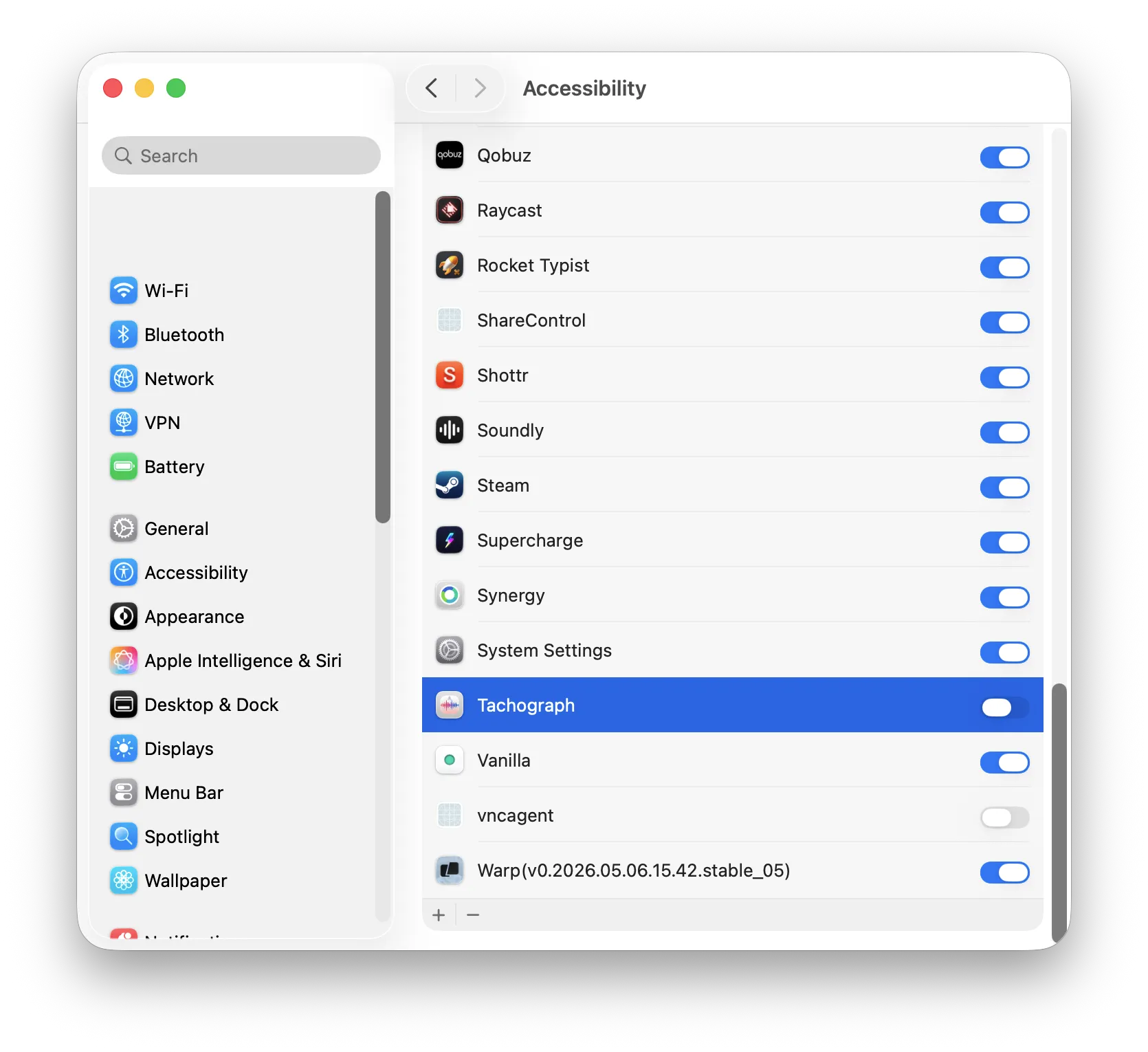 macOS Privacy and Security pane granting Accessibility to Tachograph