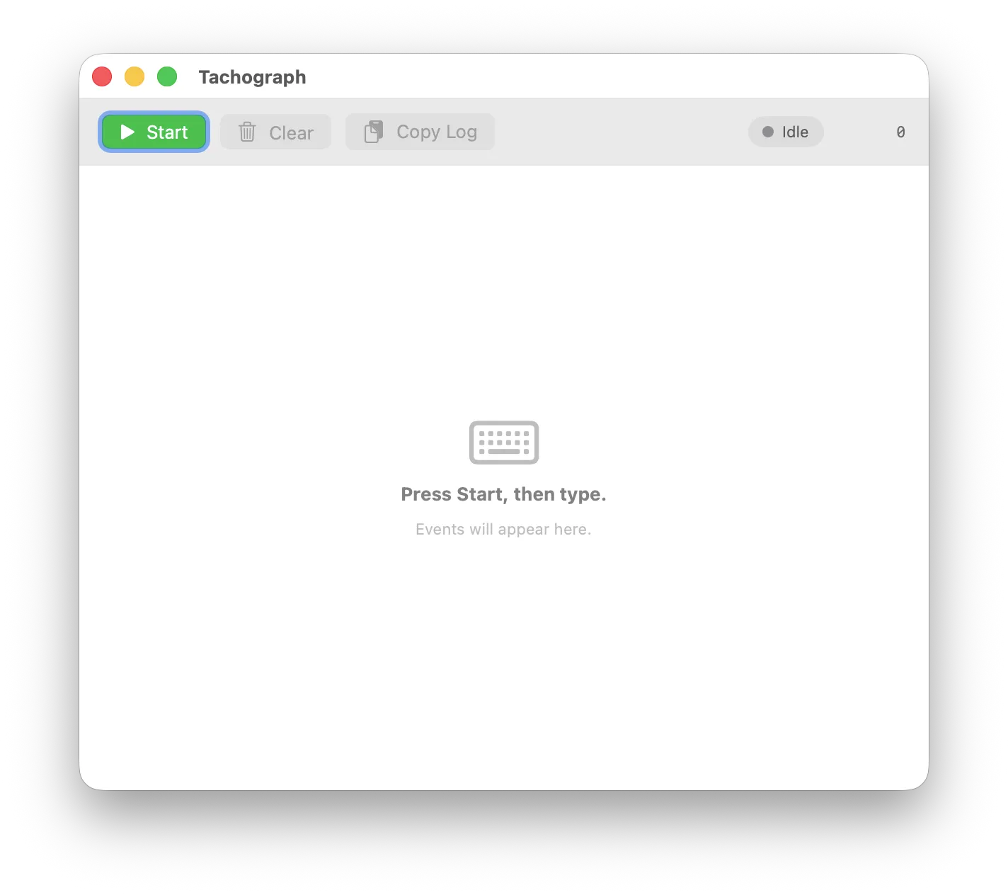 Toolbar with Start, Stop, Clear, Copy Log and live event count