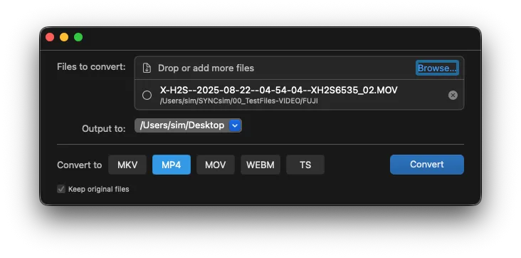 VideoContainerSwitcher with a .MOV file loaded, output set to Desktop, MP4 selected and ready to convert