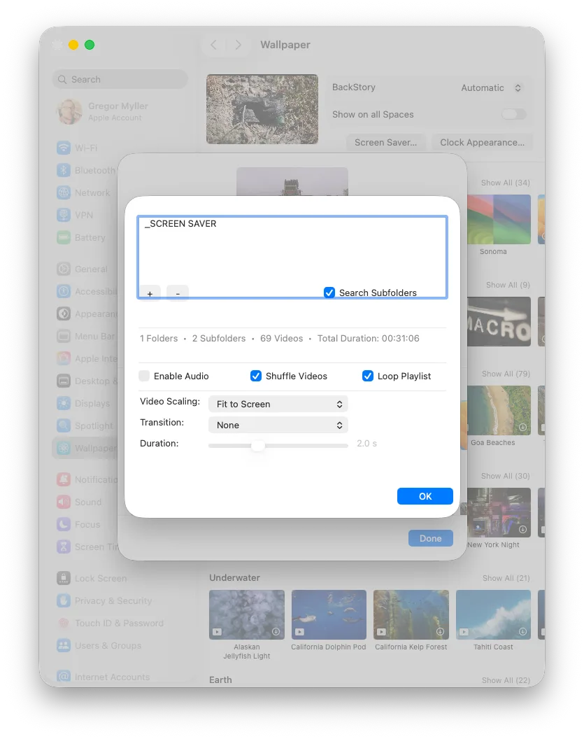Video Screen Saver settings panel