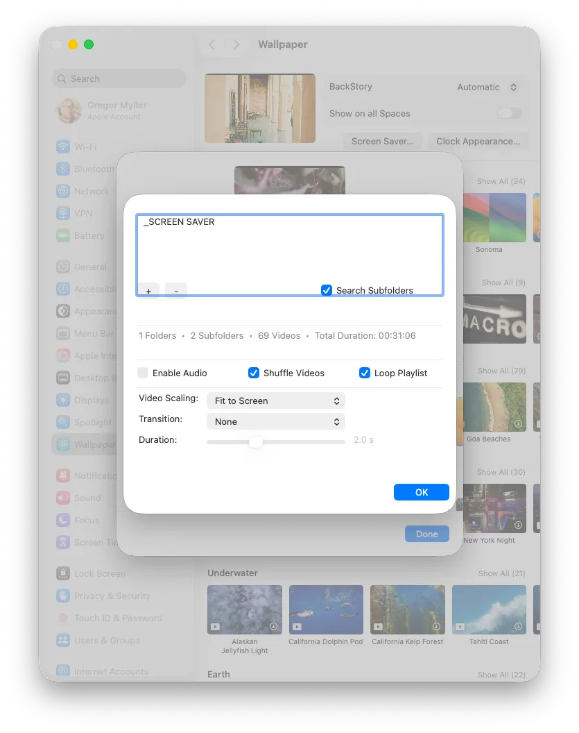 Video Screen Saver transition and scaling settings