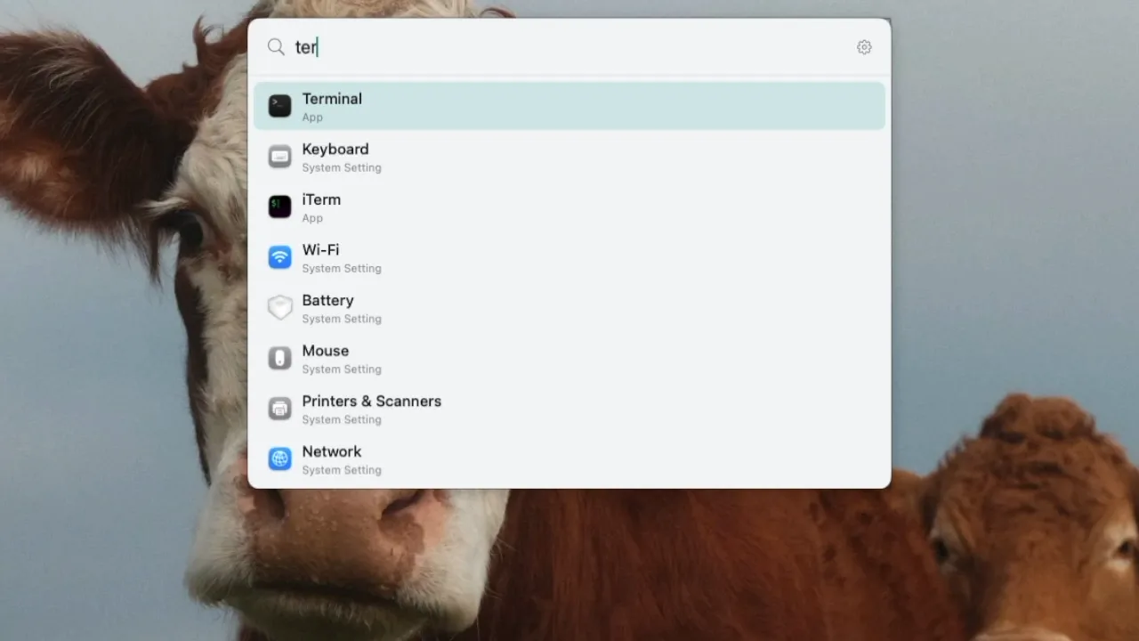 LaunchAway launcher panel mid-search, with the top match highlighted.